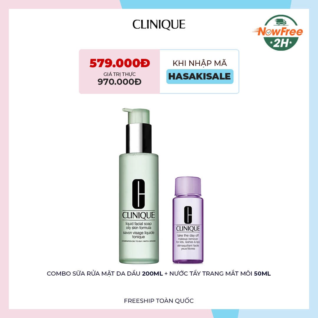 Combo Sữa Rửa Mặt Clinique Da Dầu, Hỗn Hợp Dầu 200ml + Nước Tẩy Trang Mắt Môi 50ml