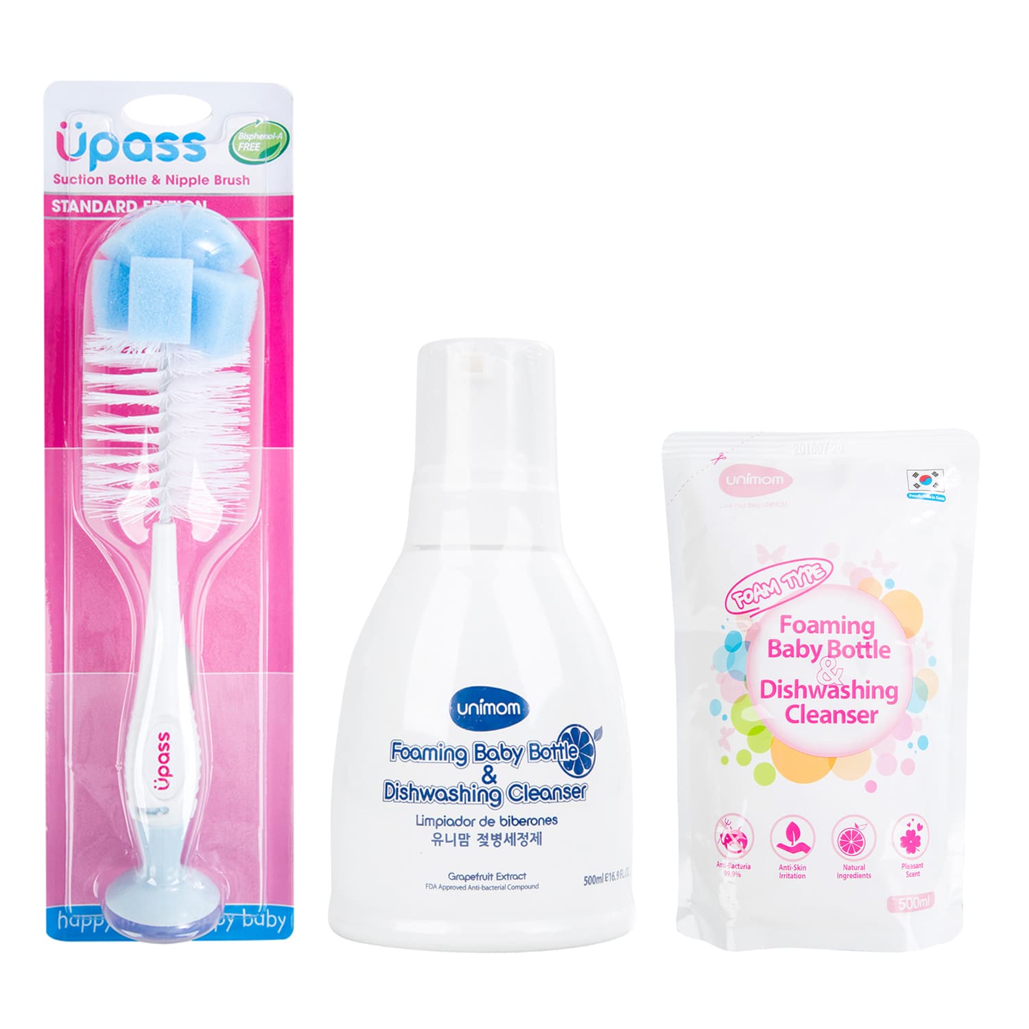 (Combo Tiết Kiệm) Bộ Nước Rửa Bình Unimom+ Bộ Cọ Upass UP7004N