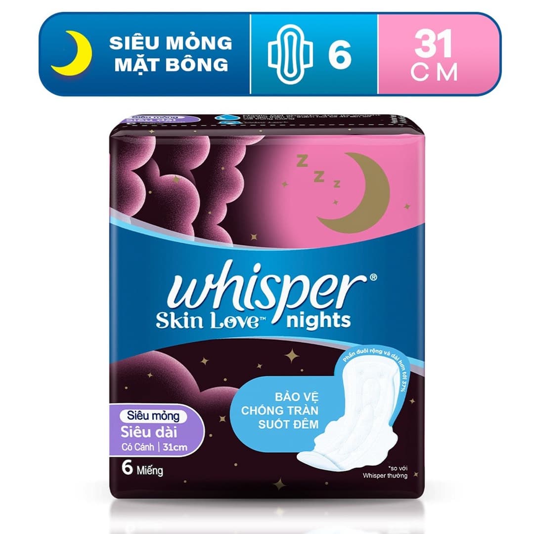 Băng Vệ Sinh Whisper Mặt Bông Siêu Mỏng Cánh Ban Đêm 31cm 6M