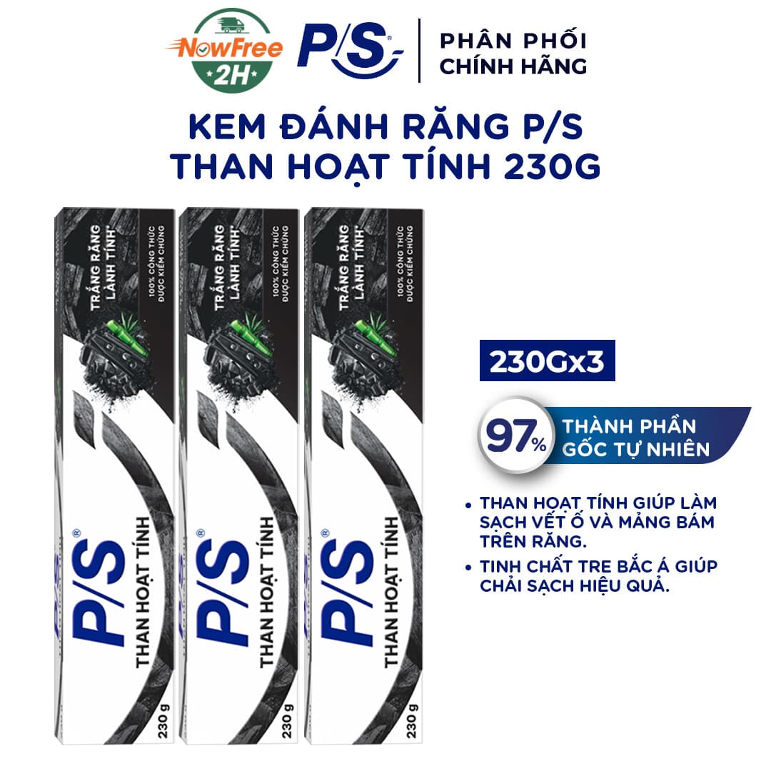 Combo 3 Kem Đánh Răng P/S Trắng Răng Than Hoạt Tính 230g