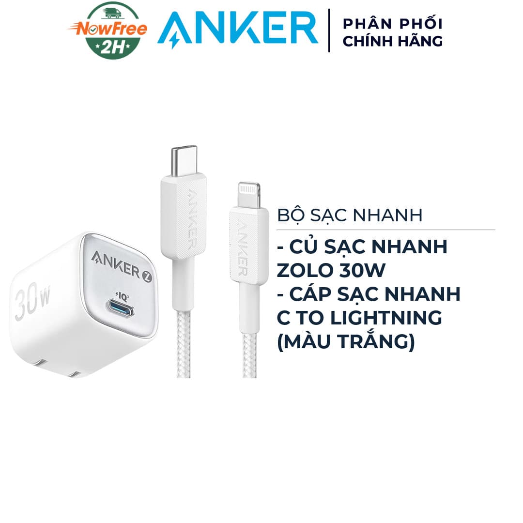 Combo Anker Củ Sạc Nhanh 1C Zolo A2698 30W + Cáp Sạc Nhanh C To Lightning 322 30W 1.8m (Màu Trắng)