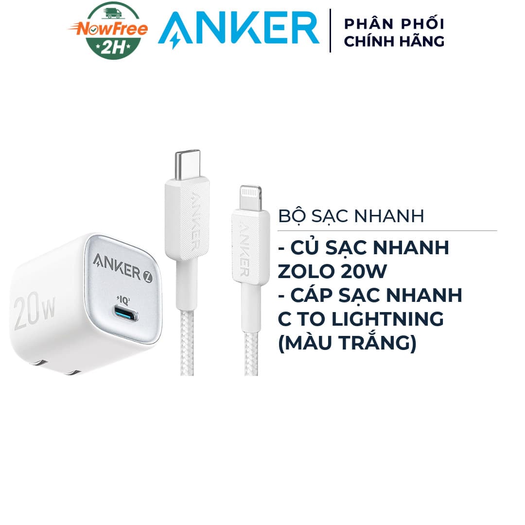 Combo Anker Củ Sạc Nhanh 1C Zolo A2699 20W + Cáp Sạc Nhanh C To Lightning 322 30W 1.8m (Màu Trắng)