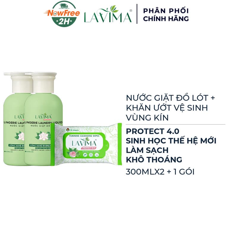 Combo Lavima Nước Giặt Đồ Lót Sinh Học Thế Hệ Mới 300mlx2 + Khăn Ướt Vệ Sinh Vùng Kín Protect 4.0 Gói 10 Tờ