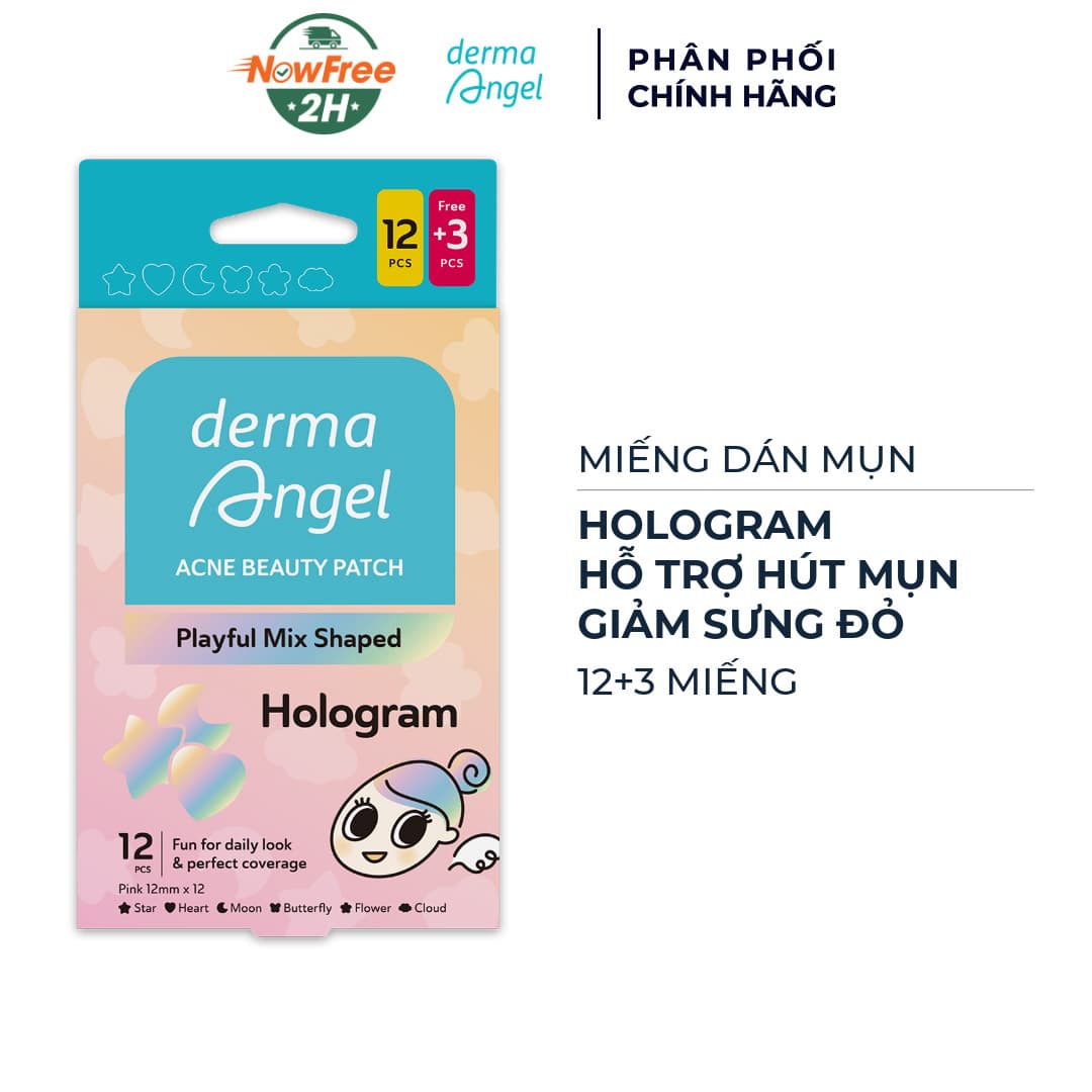 Miếng Dán Mụn Derma Angel Vui Nhộn Hologram 12+3 Miếng