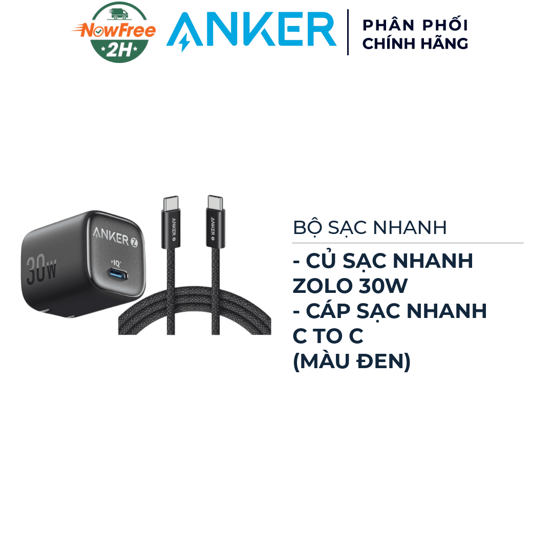 Combo Anker Củ Sạc Nhanh 1C Zolo A2698 30W + Cáp Sạc Nhanh C To C Zolo A8060 240W 1.8m (Màu Đen)
