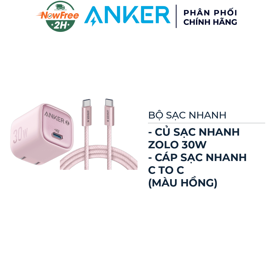 Combo Anker Củ Sạc Nhanh 1C Zolo A2698 30W + Cáp Sạc Nhanh C To C Zolo A8060 240W 1m (Màu Hồng)