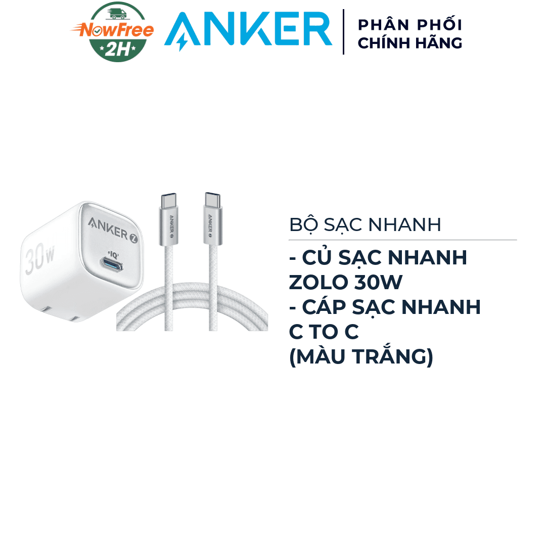 Combo Anker Củ Sạc Nhanh 1C Zolo A2698 30W + Cáp Sạc Nhanh C To C Zolo A8060 240W 1m (Màu Trắng)