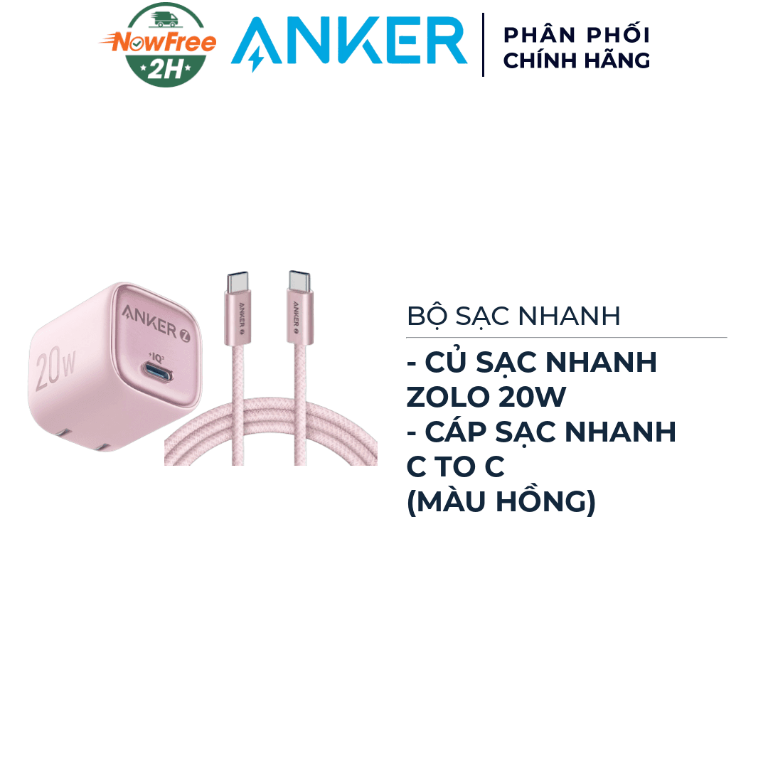 Combo Anker Củ Sạc Nhanh 1C Zolo A2699 20W + Cáp Sạc Nhanh C To C Zolo A8060 240W 1m (Màu Hồng)