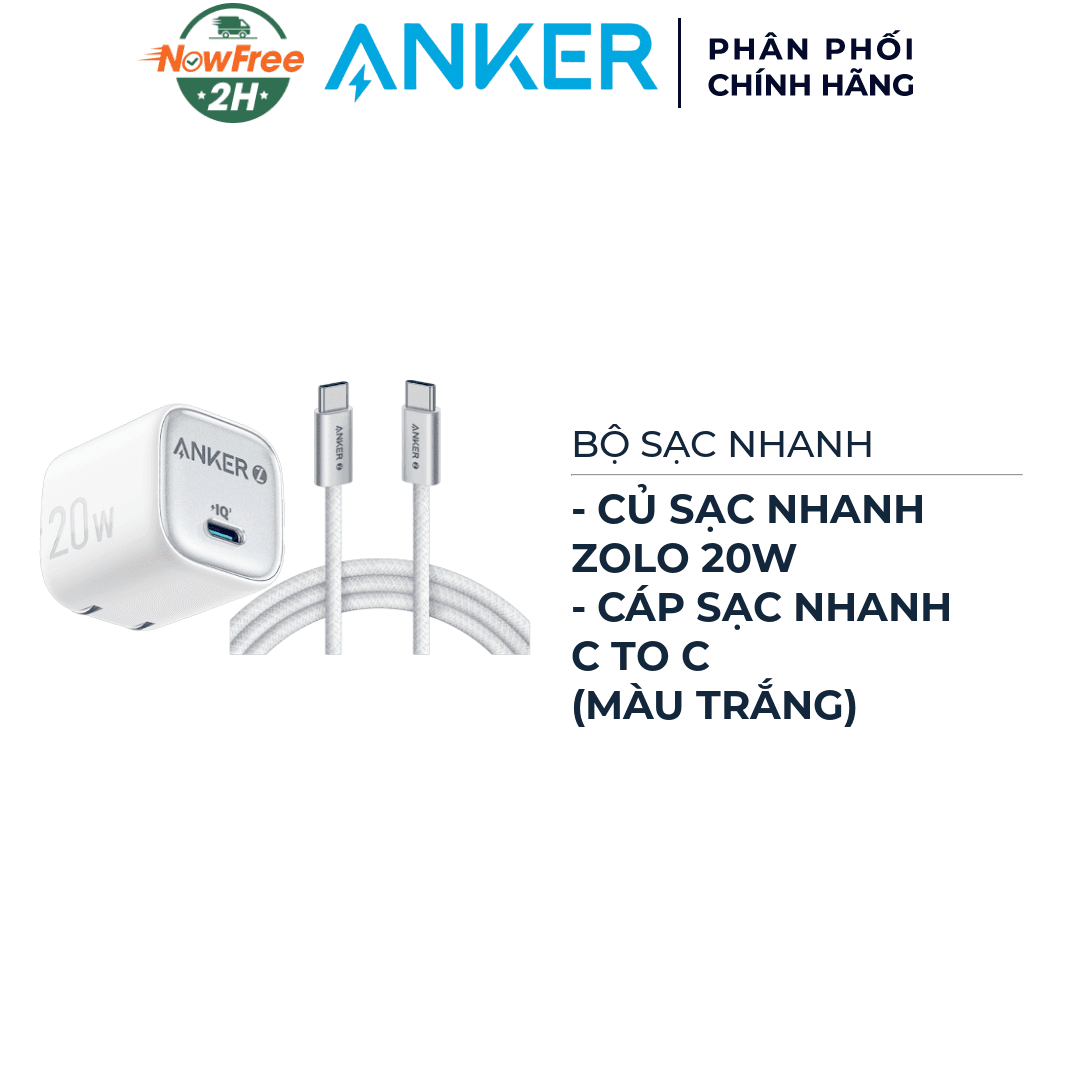 Combo Anker Củ Sạc Nhanh 1C Zolo A2699 20W + Cáp Sạc Nhanh C To C Zolo A8060 240W 1m (Màu Trắng)