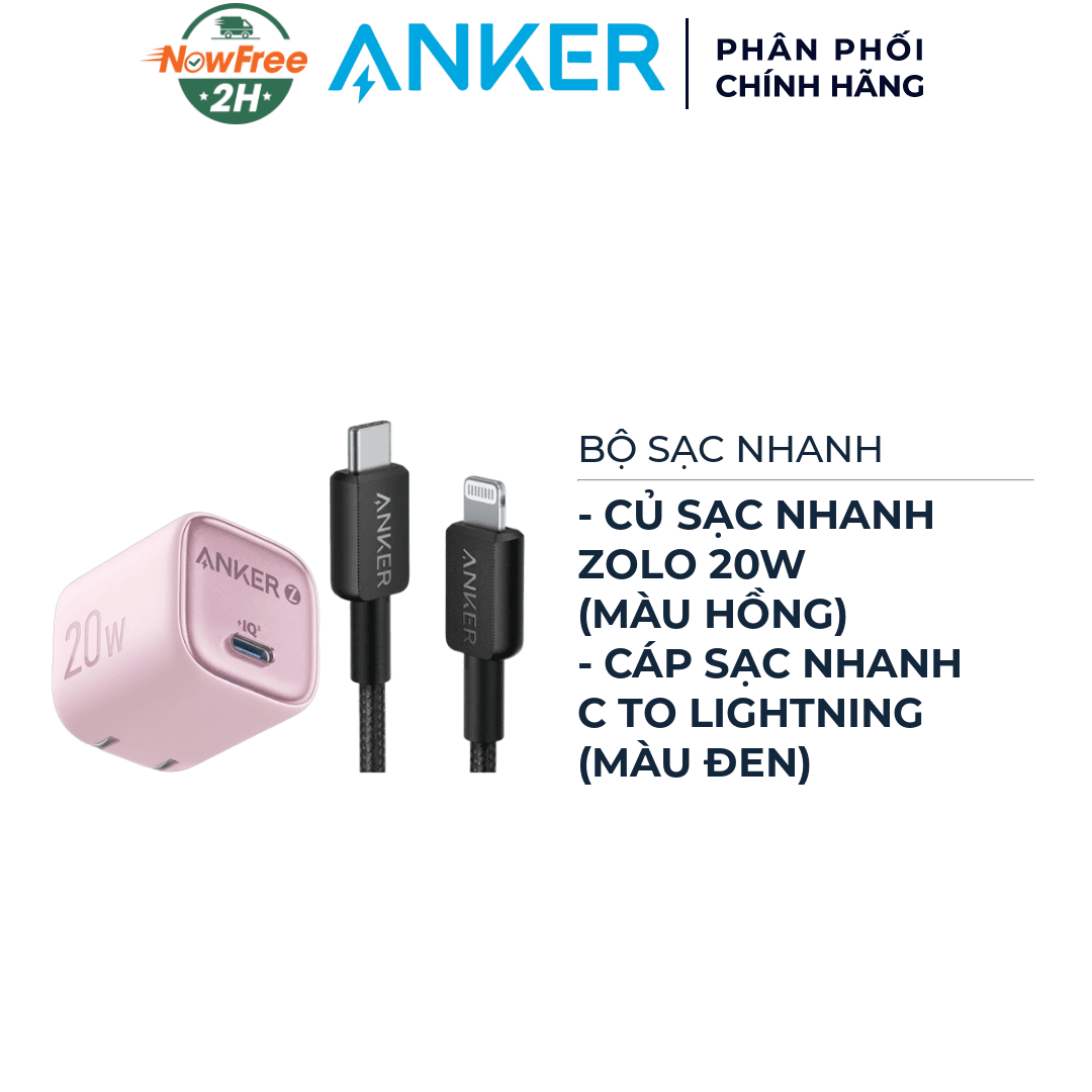 Combo Anker Củ Sạc Nhanh 1C Zolo A2699 20W Màu Hồng + Cáp Sạc Nhanh C To Lightning 322 30W 1.8m Màu Đen