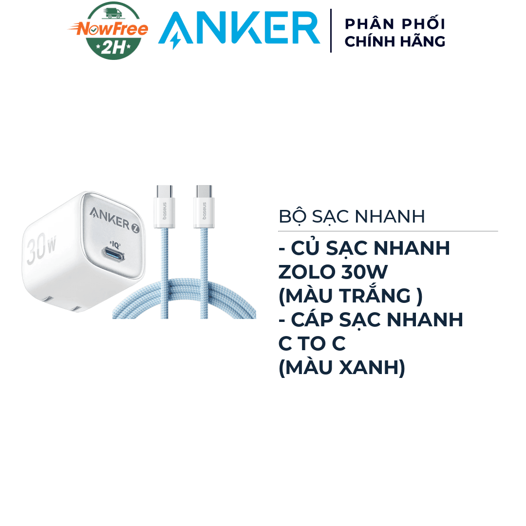 Combo Củ Sạc Nhanh Anker 1C Zolo A2698 30W Màu Trắng + Cáp Sạc Nhanh Baseus C To C Dynamic 4 Series 100W 1m Màu Xanh