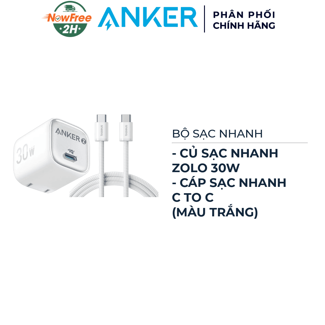 Combo Củ Sạc Nhanh Anker 1C Zolo A2698 30W + Cáp Sạc Nhanh Baseus C To C Dynamic 4 Series 100W 2m Màu Trắng