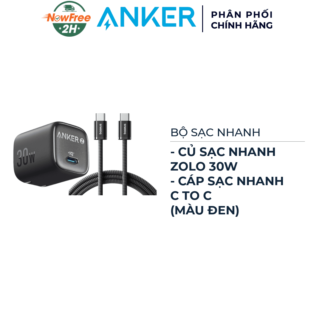 Combo Củ Sạc Nhanh Anker 1C Zolo A2698 30W + Cáp Sạc Nhanh Baseus C To C Dynamic 4 Series 100W 1m Màu Đen