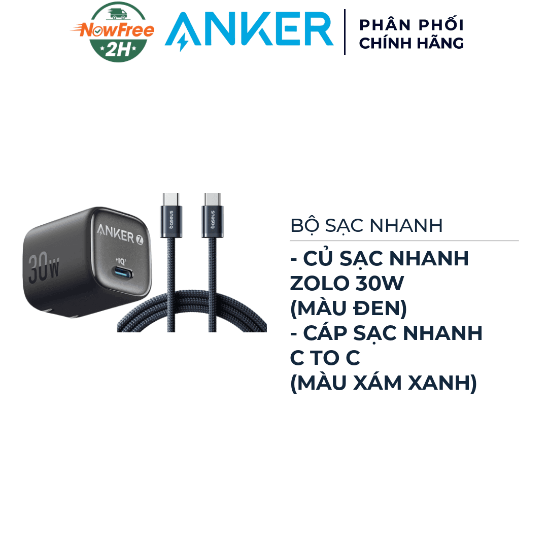 Combo Củ Sạc Nhanh Anker 1C Zolo A2698 30W Màu Đen + Cáp Sạc Nhanh Baseus C To C Dynamic 4 Series 100W 1m Màu Xám Xanh