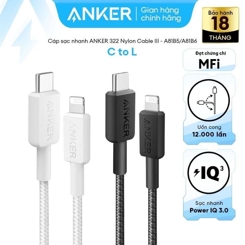 Cáp Sạc Nhanh Anker C To Lightning 322 30W 1.8m