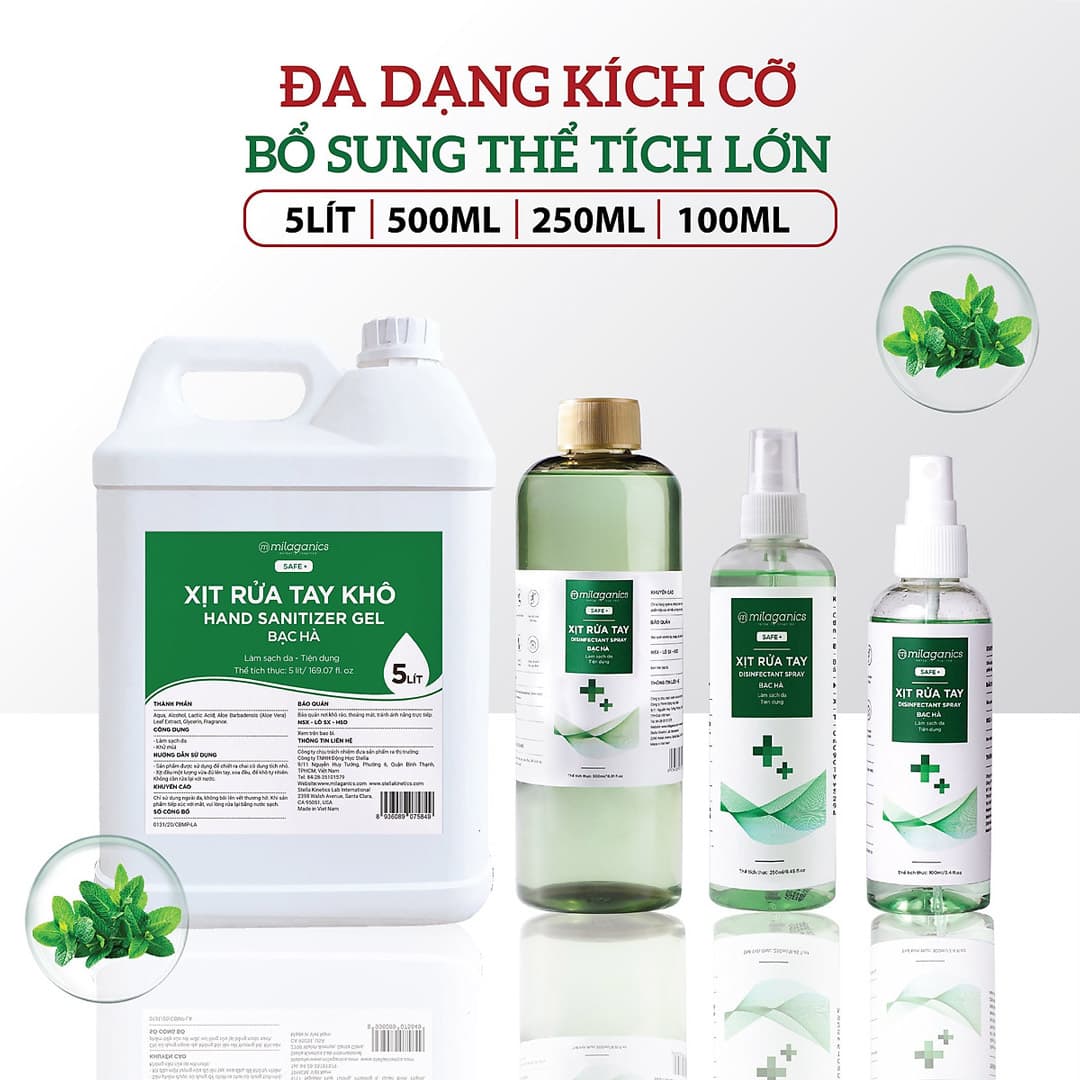 Xịt Rửa Tay Milaganics Bạc Hà Làm Sạch Da, Dưỡng Ẩm